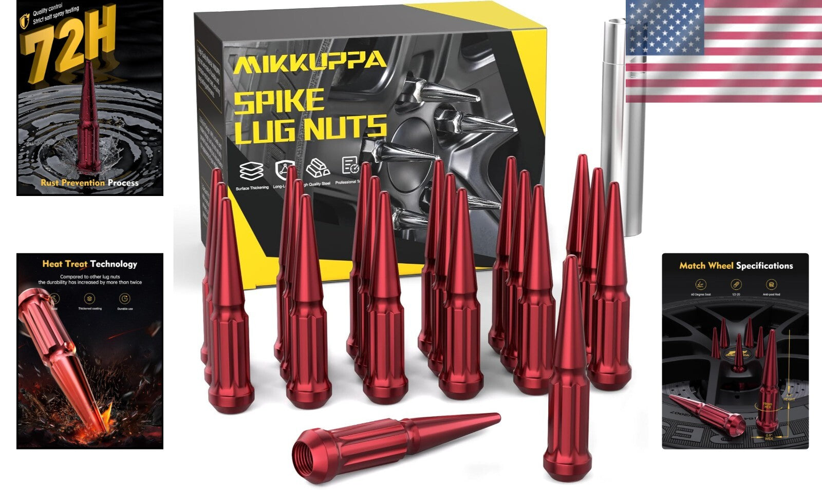 1/2-20 Red Spike Lug Nut Set with Socket Key - Perfect for Jeep & Dodge Cars