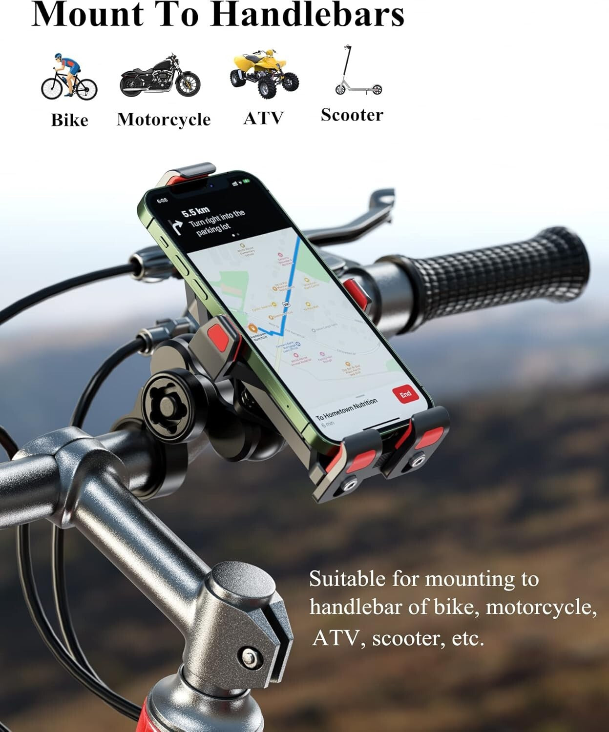 Aluminum Motorcycle Phone Mount - Vibration Dampener & Quick Lock for 4.7-7.2...
