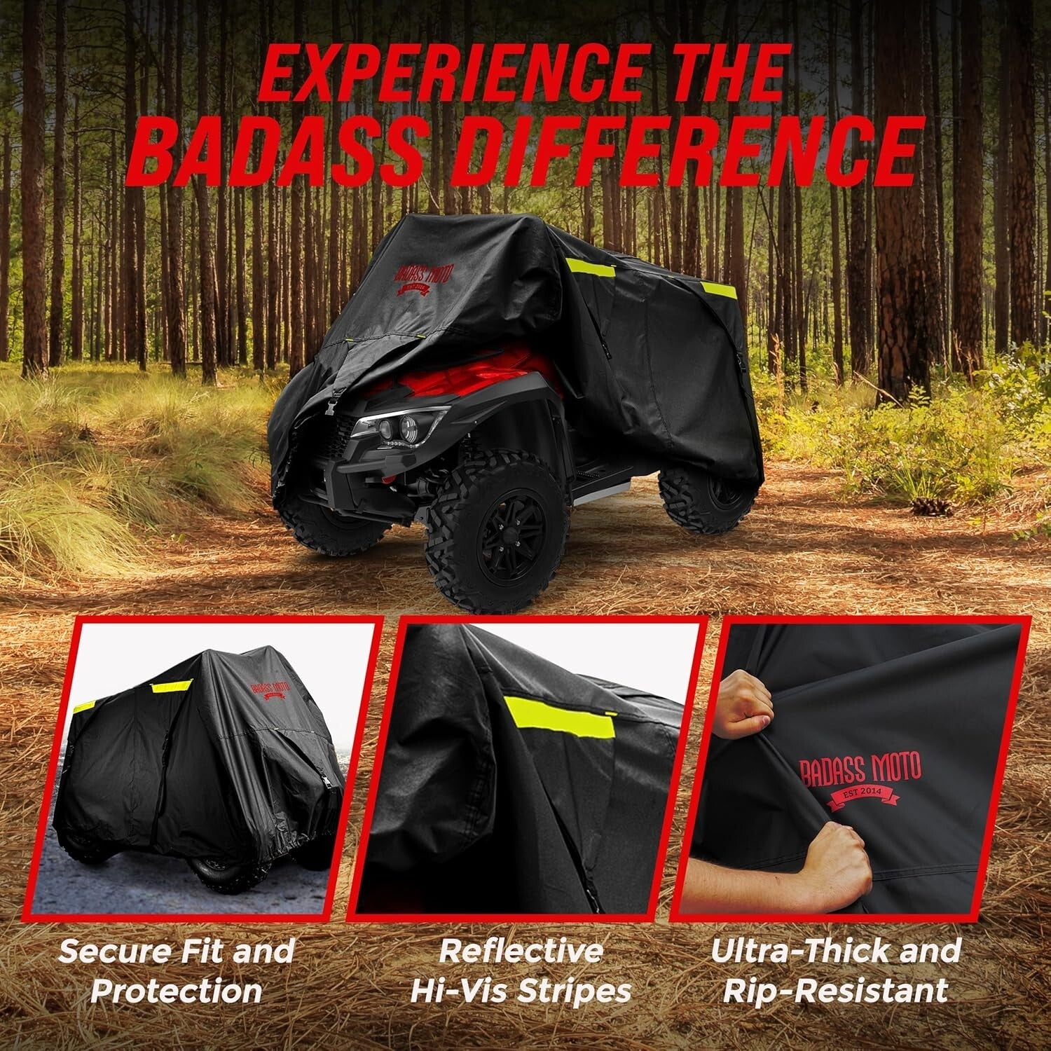 Heavy-Duty Waterproof ATV Cover with Reflective Strips - 95" Long - Badass Black