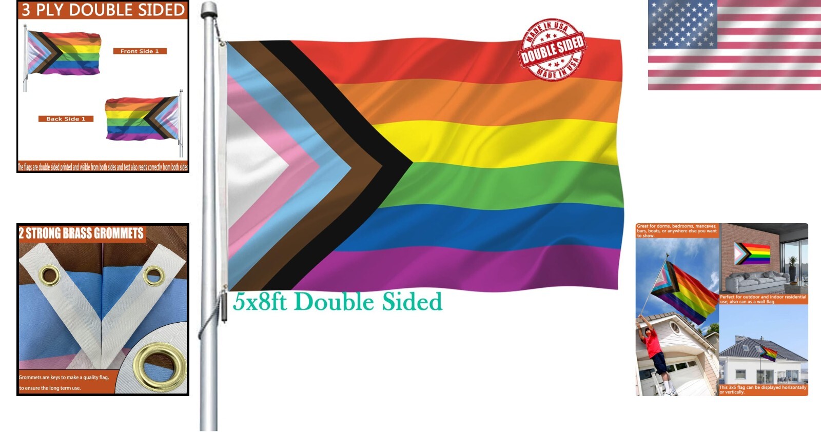 5x8 ft Sturdy Progress Pride Banner - Double-Sided Rainbow Flag for Celebrations