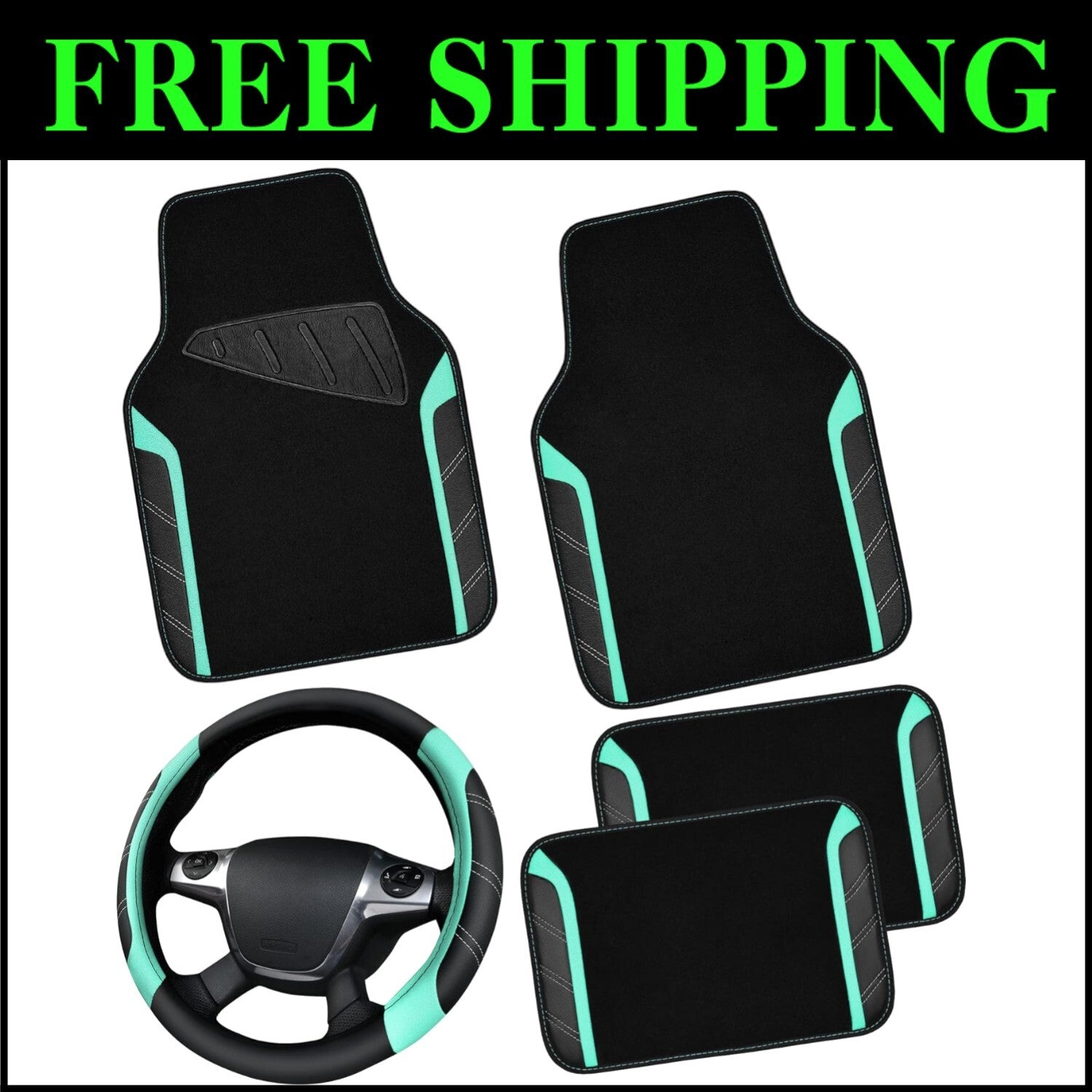 Microfiber Leather Steering Wheel Cover & Waterproof Mats - Universal Fit Combo