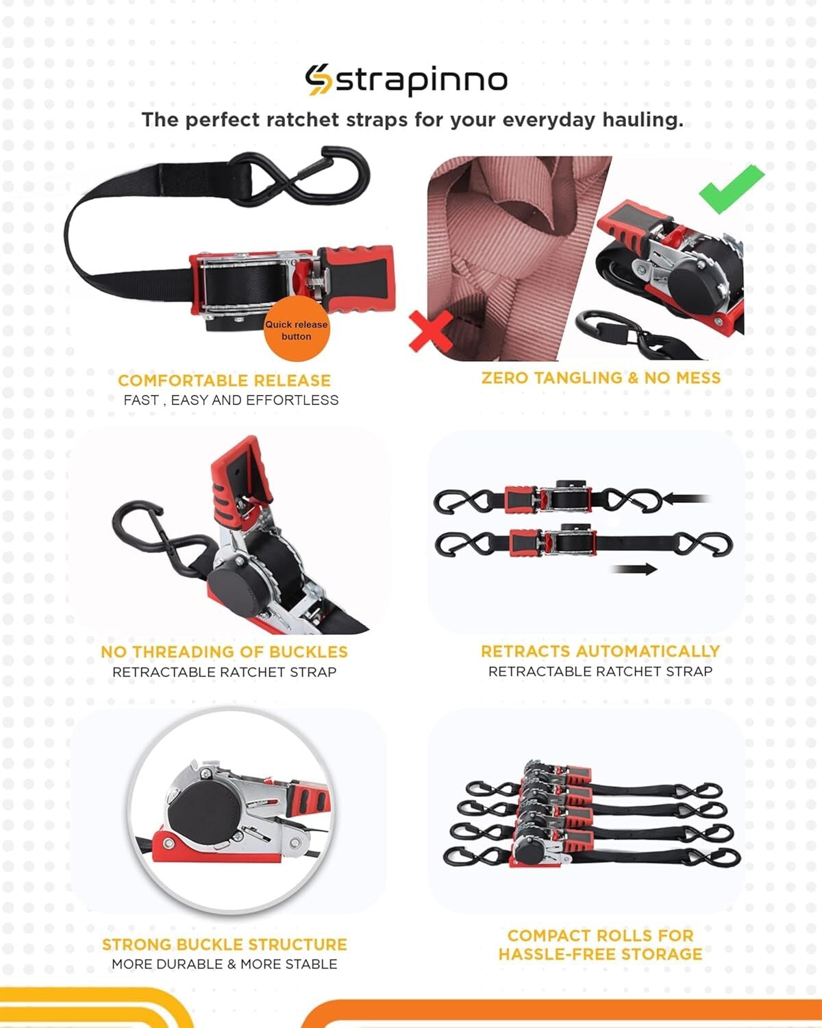 4-Pack 1" x 10 ft Heavy-Duty Retractable Ratchet Straps - Easy Hauling Solution