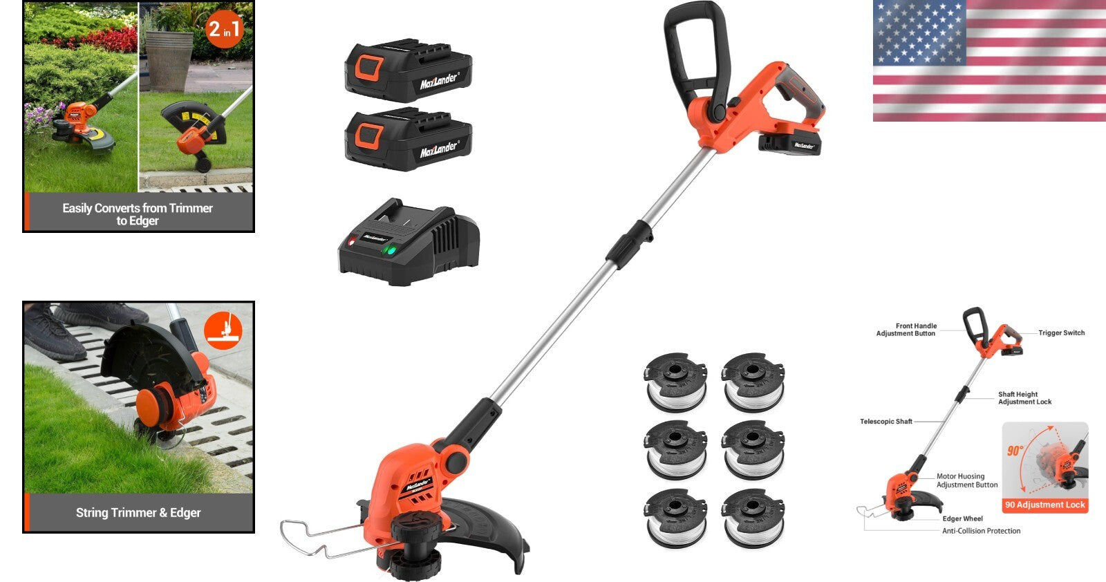 2-in-1 12'' Cordless String Trimmer & Edger with Long-Lasting Battery - Orange