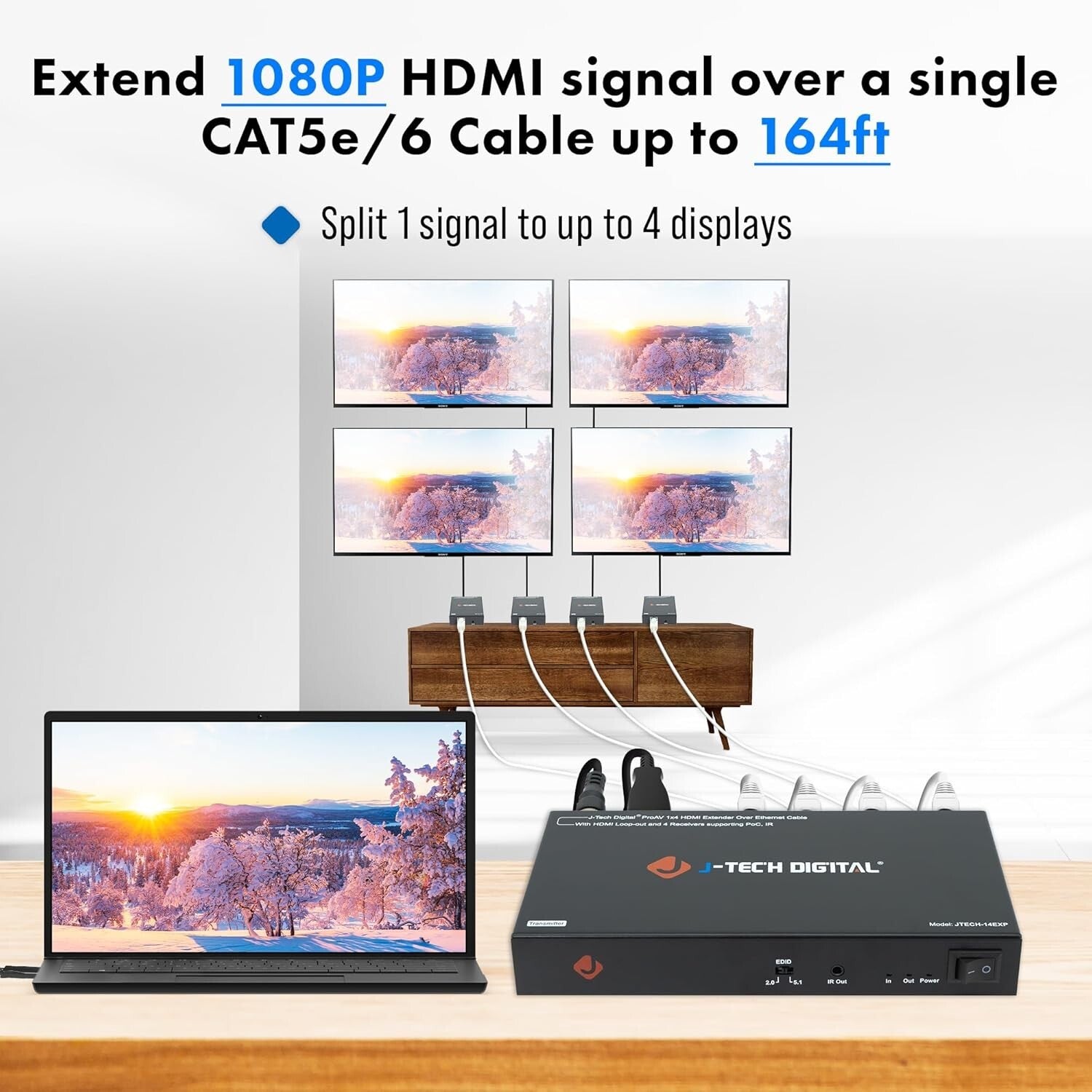 Professional Grade HDMI Extender Splitter 1 Input to 4 Outputs - 164ft Range