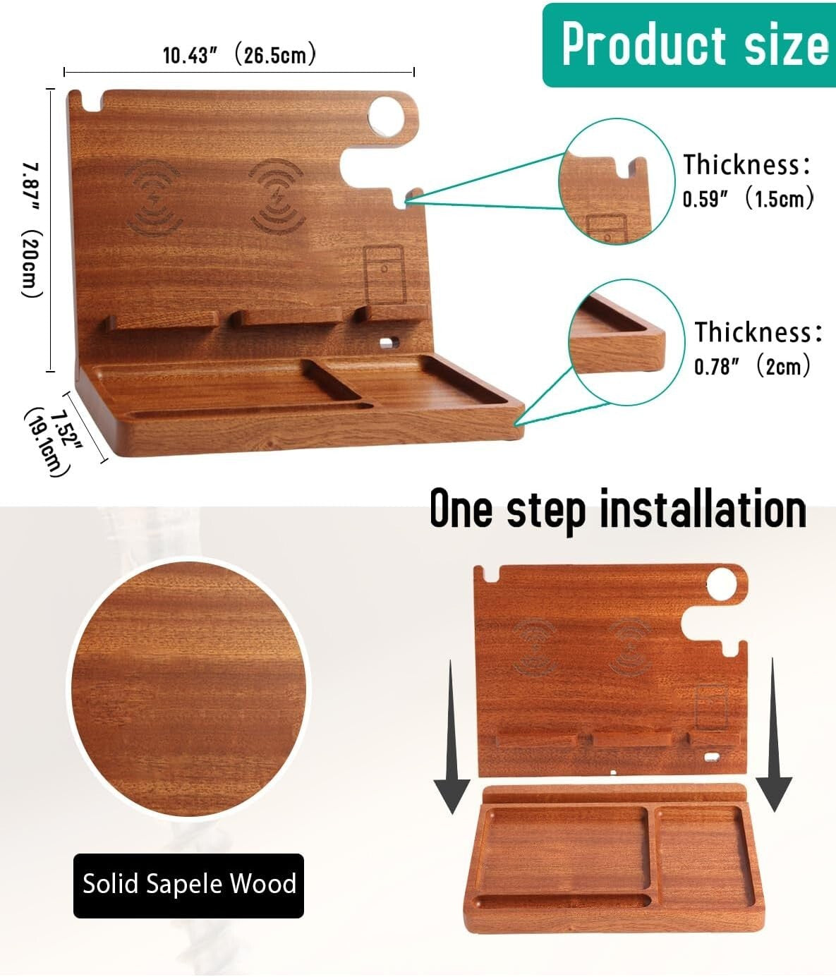 27W Wood Charging Station: 4-in-1 Fast Wireless Charger & Nightstand Organizer