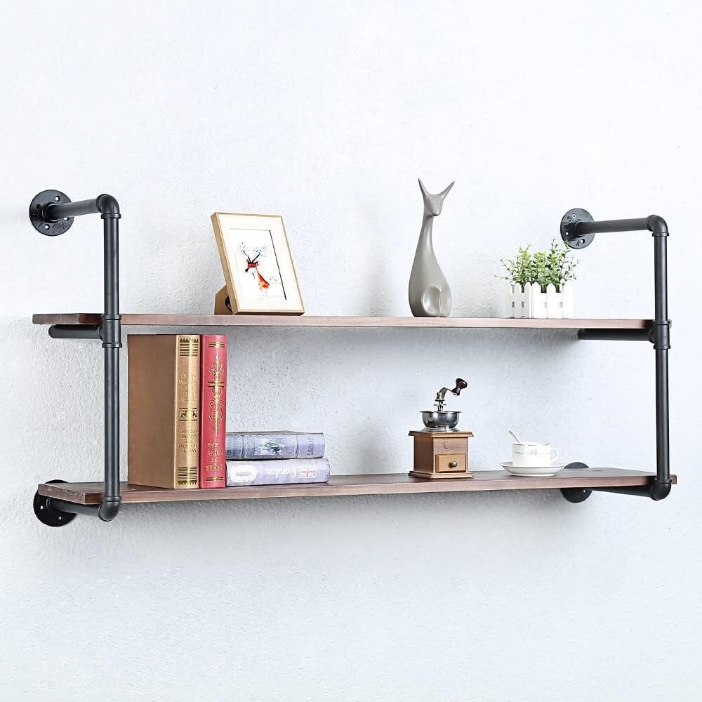 48in Industrial Pipe Floating Bookshelves - Rustic Metal & Wood Wall Storage