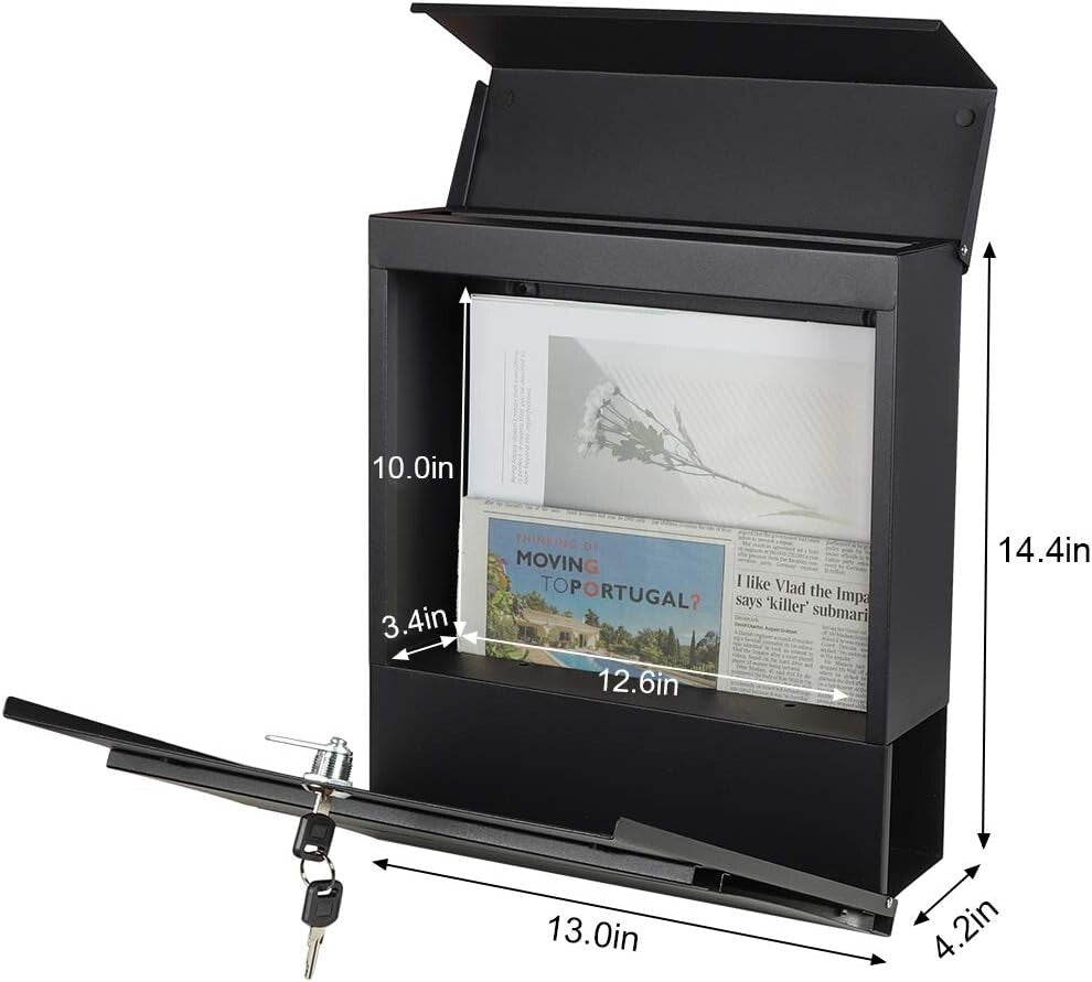 Durable Black Mailbox with Key Lock & Integrated Newspaper Holder, 13" x 14.4"