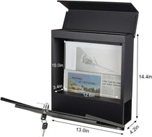 Load image into Gallery viewer, Durable Black Mailbox with Key Lock &amp; Integrated Newspaper Holder, 13" x 14.4"