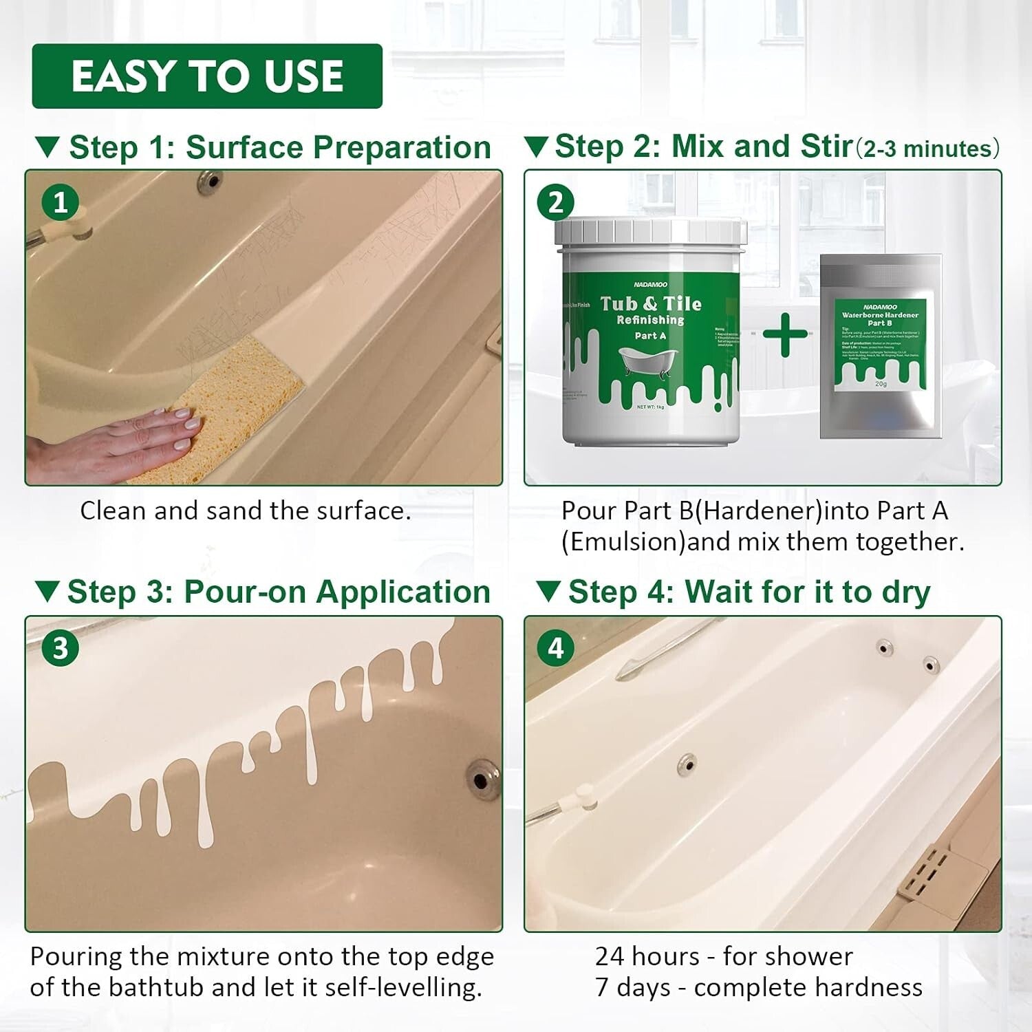 DIY Tub and Tile Refinishing Kit 3kg | Waterproof, Odor Blocking - White Finish