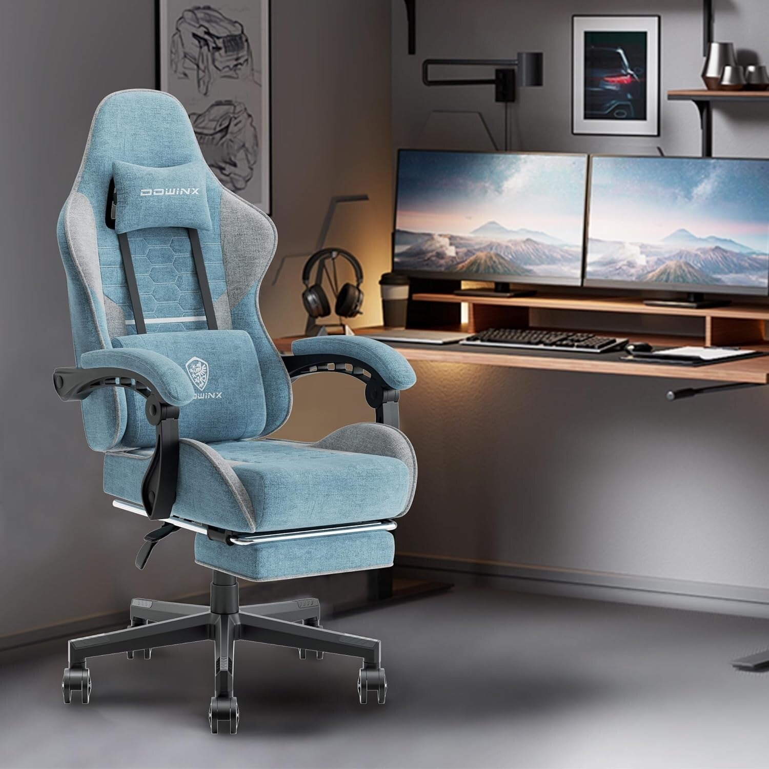 Comfortable Blue and Grey Gaming Chair with Pocket Springs, Headrest & Footrest