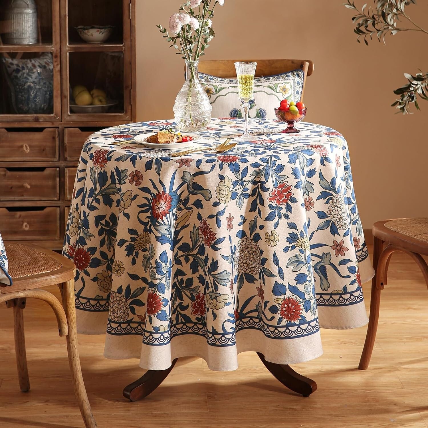 Designer Round Tablecloth with Leaves and Flowers Pattern - 55" All-Season Use