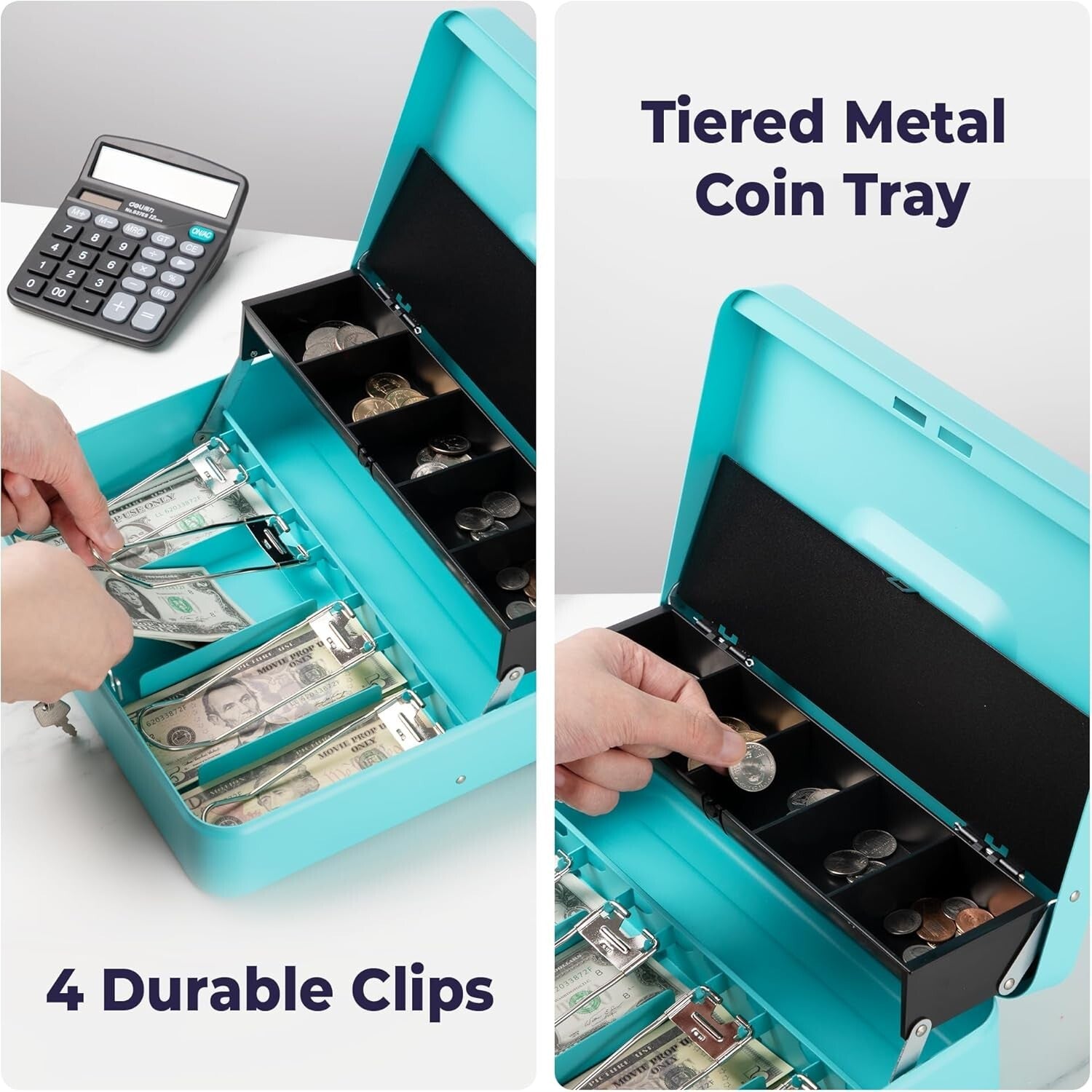 Cyan Key Lock Cash Box: Durable Portable Safe for Events - Heavy-Duty Design