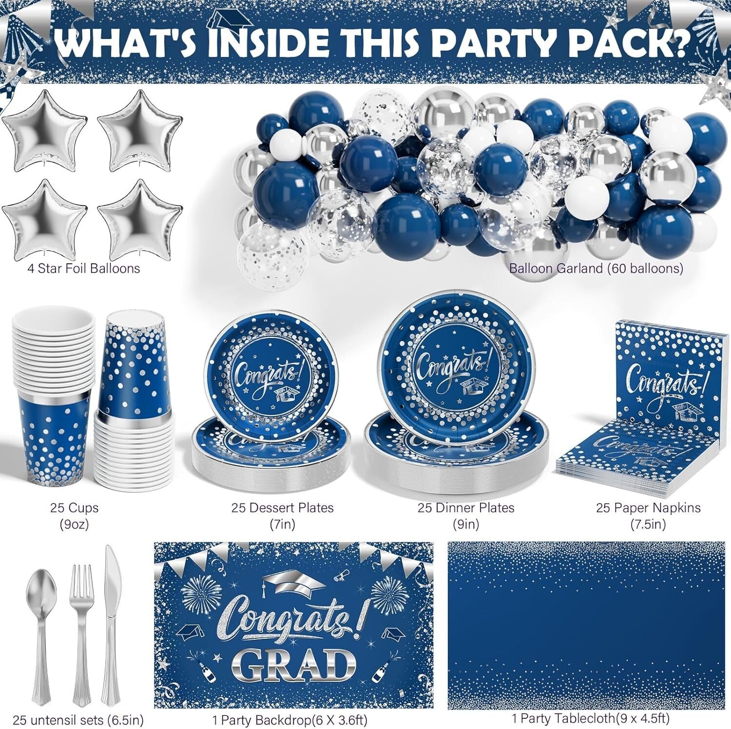 2025 Graduation Party Supplies Set - 245 PCS for 25 Guests in Navy Blue & Silver