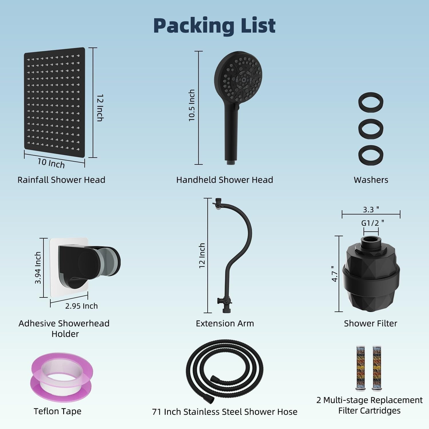 Dual Filtered Shower Head Set: 12'' Rainfall with Adjustable Arm & 10 Settings