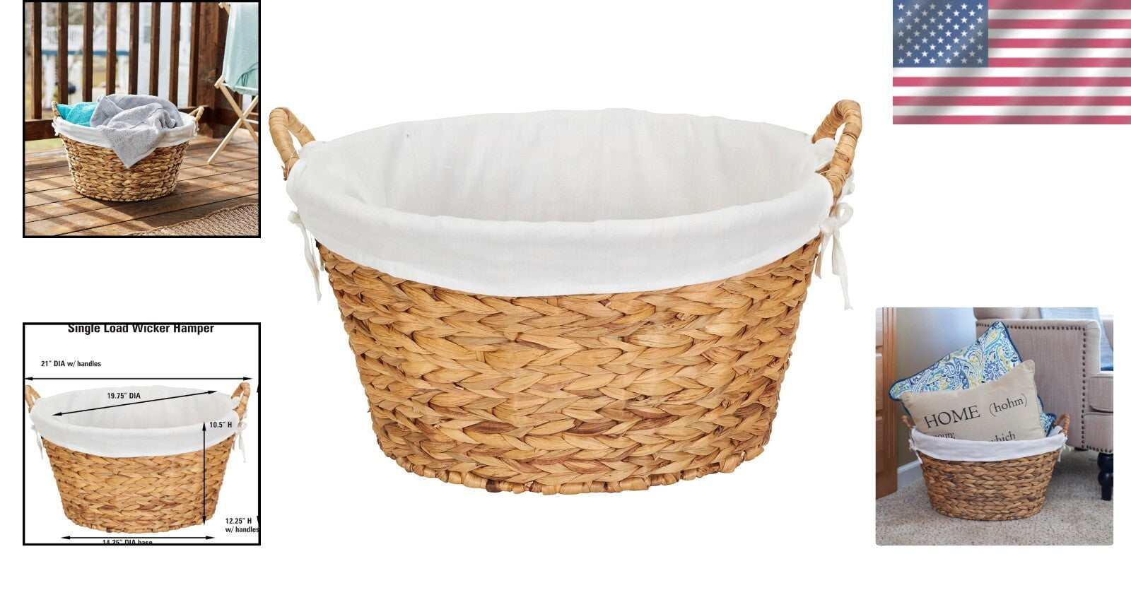 Elegant Large Round Wicker Laundry Basket with Liner, Natural Water Hyacinth