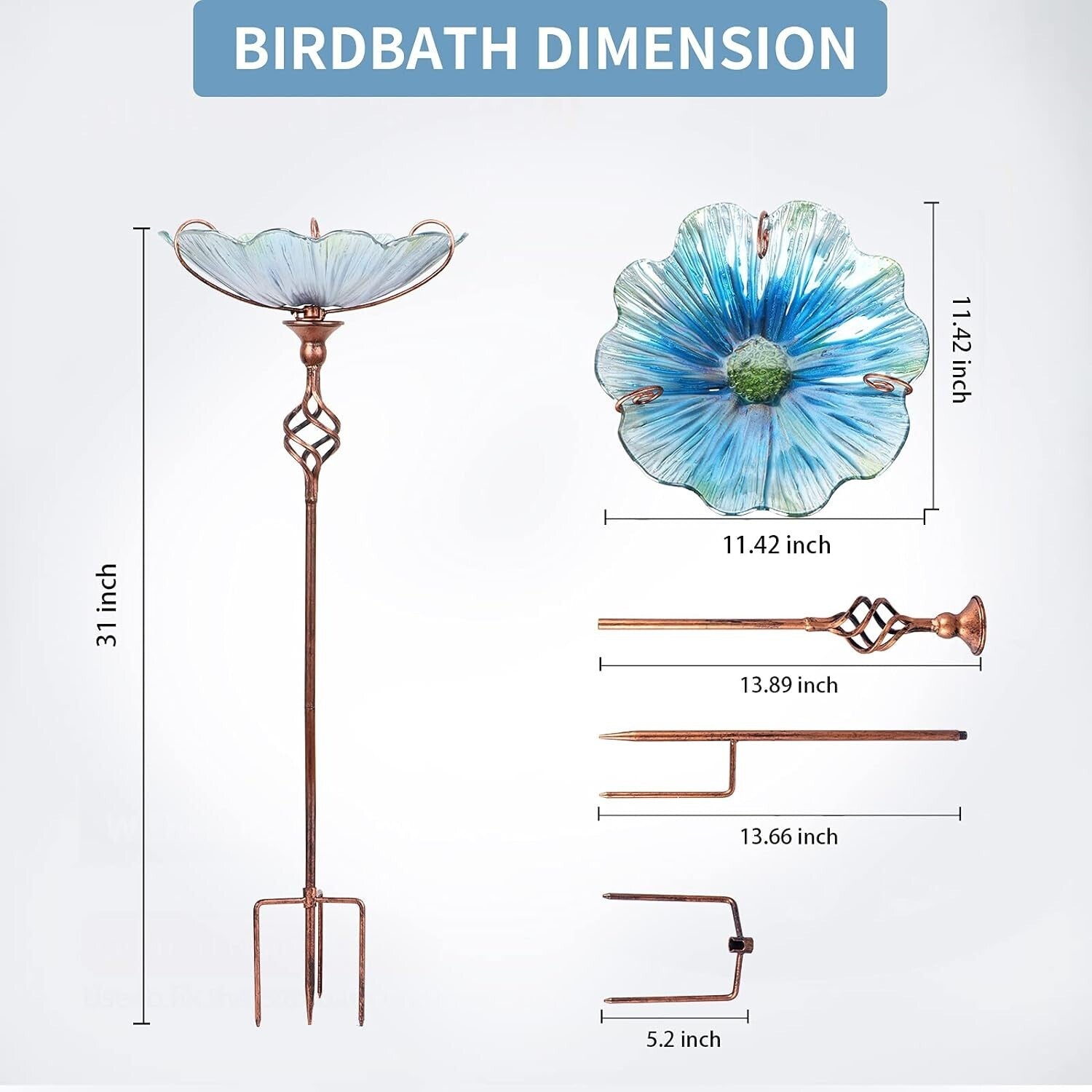 Attractive 31-Inch Birdbath with Stainless Metal Stake - Perfect for Gardens