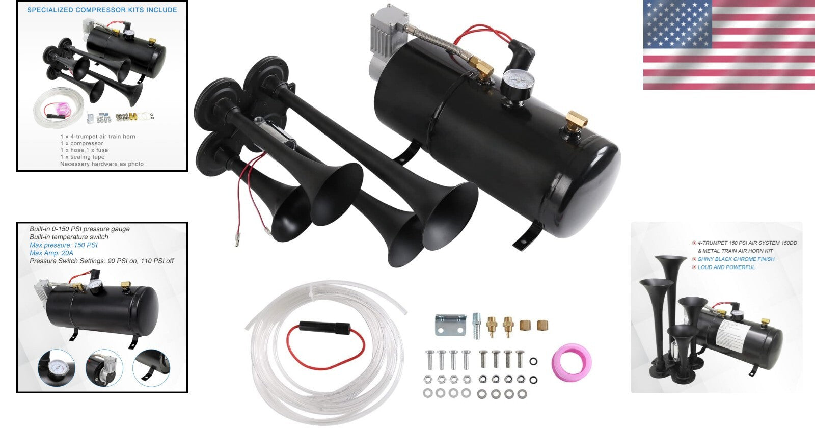 Super Loud 4 Trumpet Air Horn Kit with 150 PSI Compressor for Trucks and SUVs