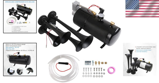 Super Loud 4 Trumpet Air Horn Kit with 150 PSI Compressor for Trucks and SUVs