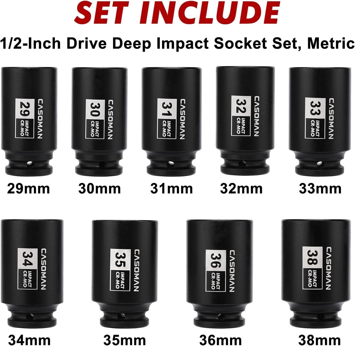 Corrosion-Resistant 9-Piece Deep Socket Set with 1/2-Inch Drive - Axle Nut Tools