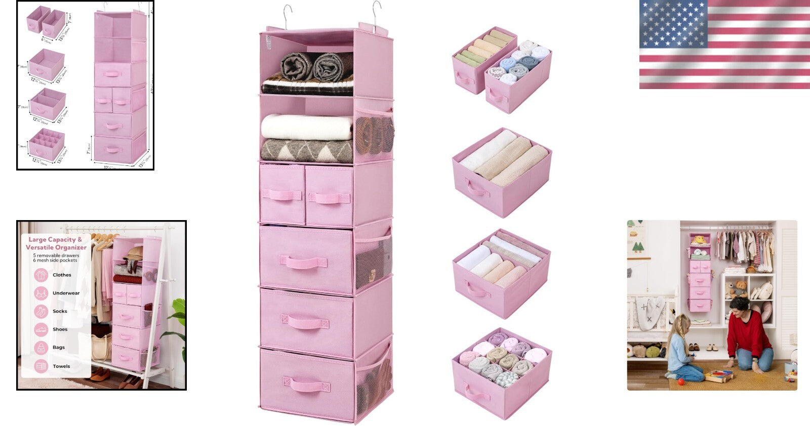 Portable 6-Shelf Hanging Closet Organizer with Pockets – Ideal for Baby Rooms