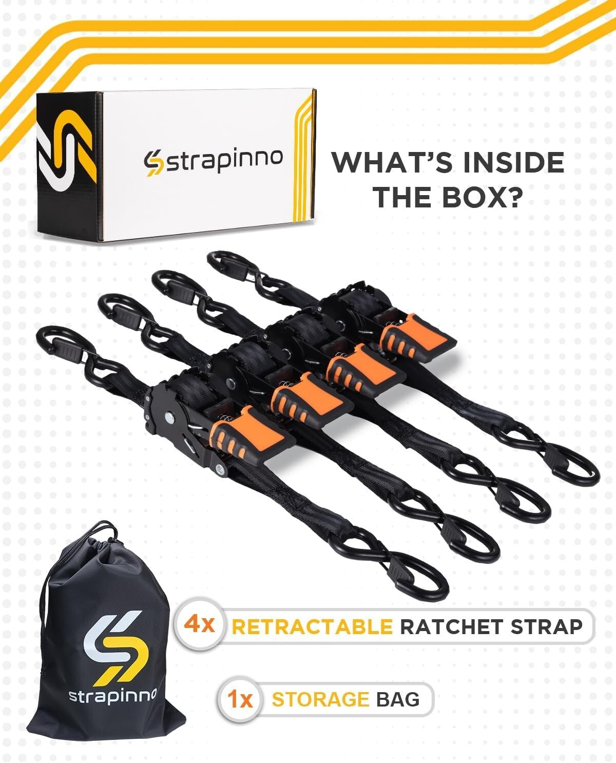 4-Piece Retractable Ratchet Straps Bundle - 1in x 6ft - 1,500LBS Strength