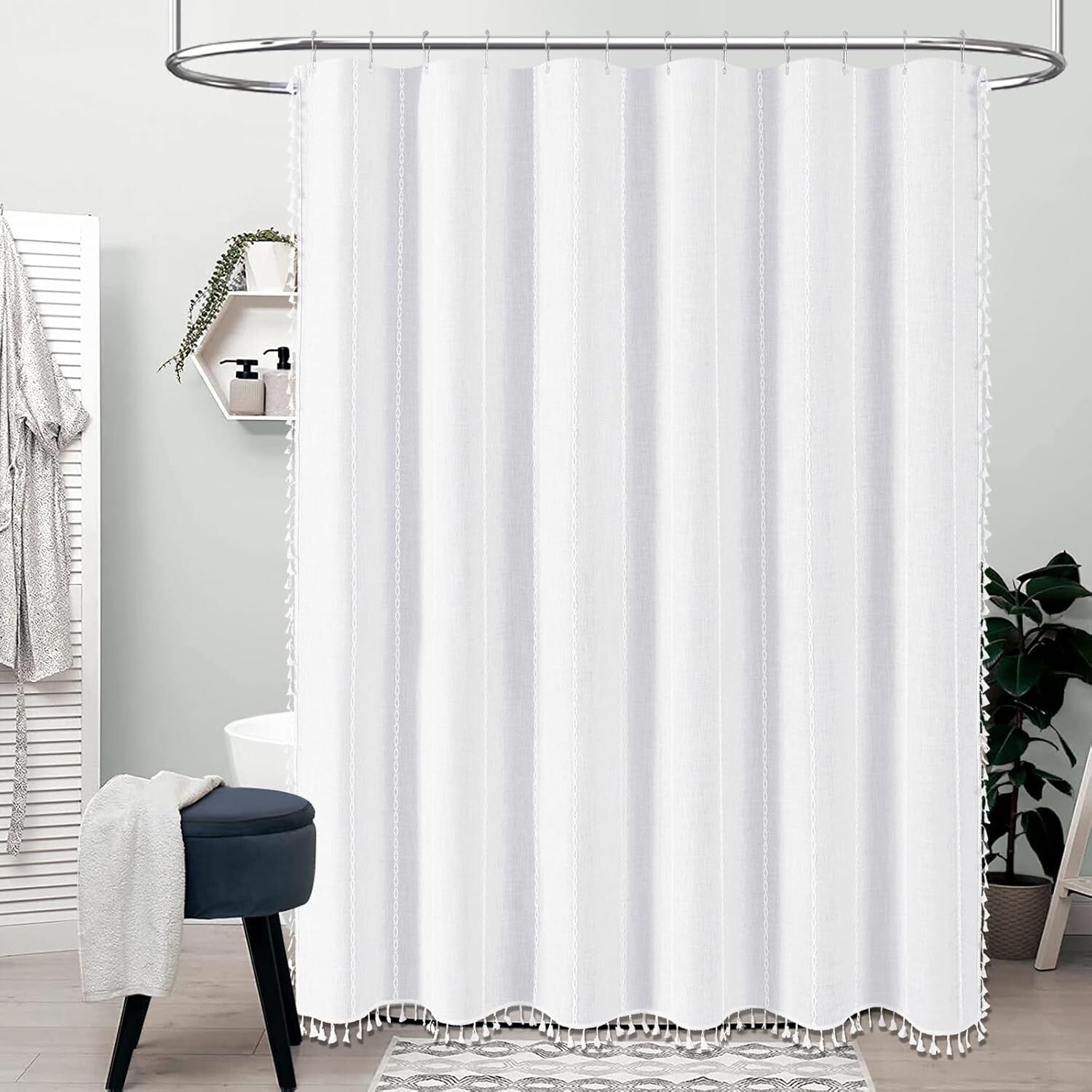 Elegant 72x84 Inch Linen Blend Shower Curtain with Tassels for Modern Farmhouses