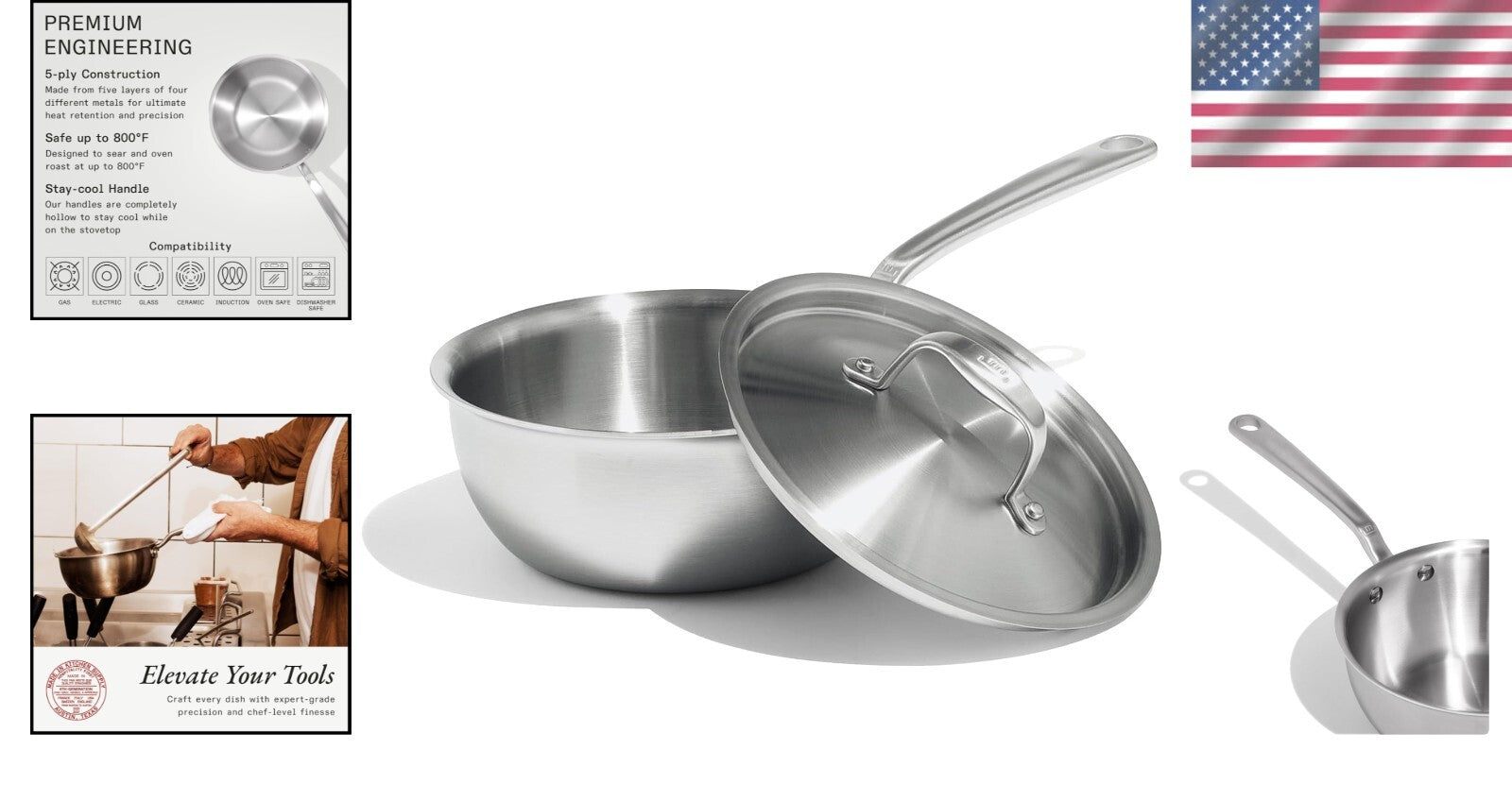 2 Quart Stainless Steel Saucier Pan - 5-Ply Professional Cookware, Made in Italy
