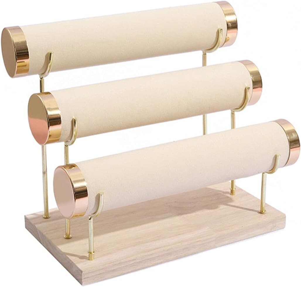 Chic Beige Velvet Bracelet Stand - Three-Tier Jewelry Display with Gold Accents