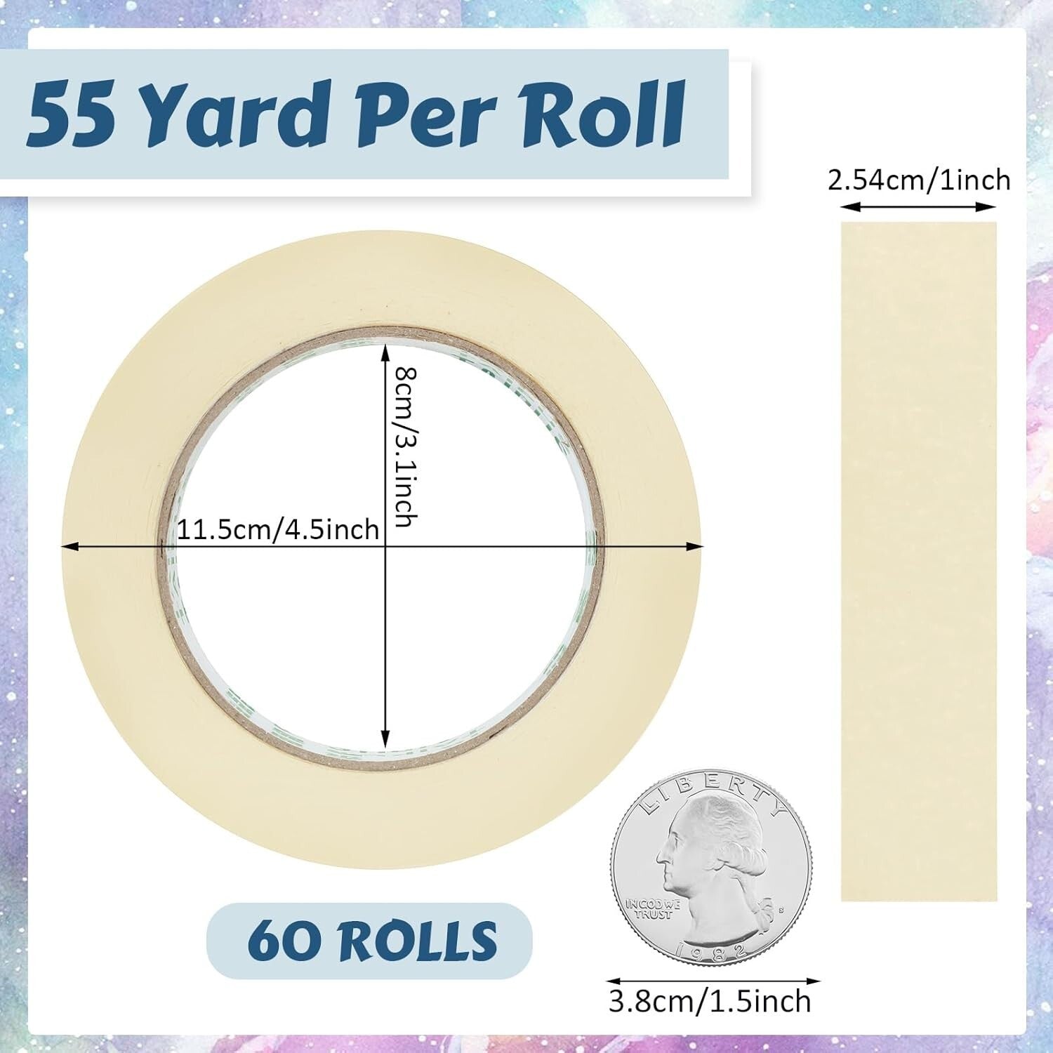 Bulk 60 Rolls Masking Tape - 1 Inch x 55 Yards for Arts & Crafts and Painting