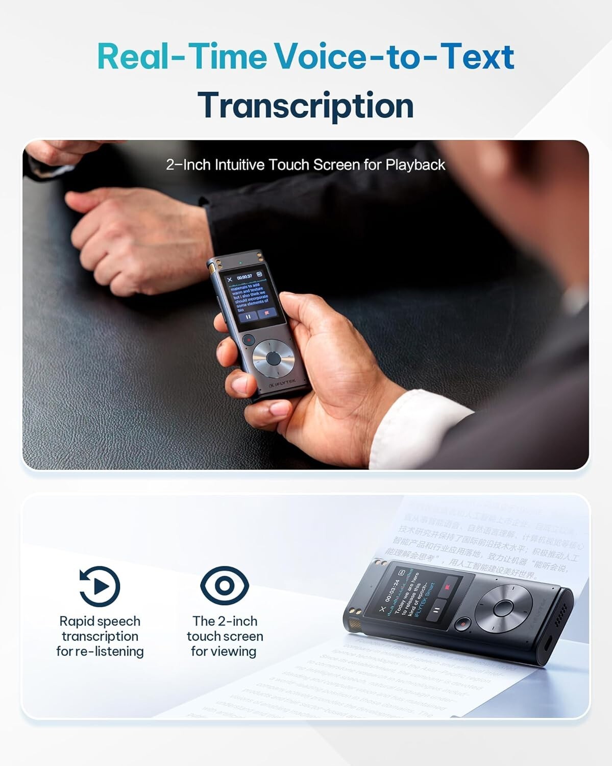 AI Voice Recorder with 5-Language Transcription & Noise Reduction - Compact Size