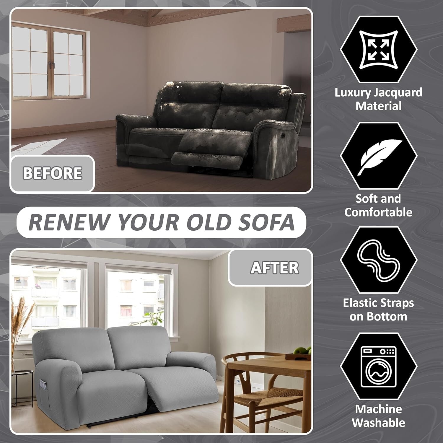 Extra Wide 75"-100" Reclining 2-Seater Jacquard Loveseat Slipcover - Light Grey