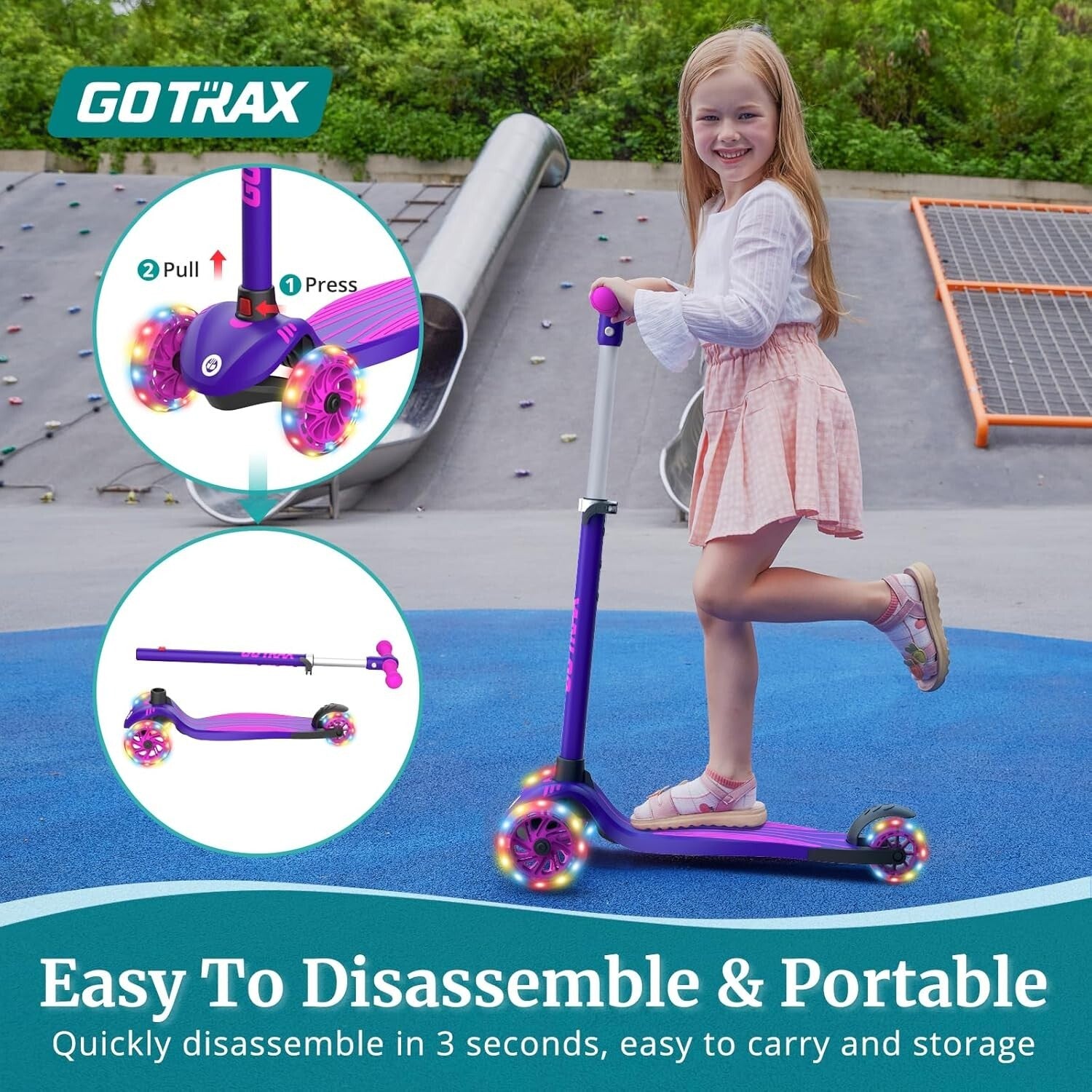Purple Kids Kick Scooter - 3 Adjustable Heights, LED Wheels, Lightweight Design