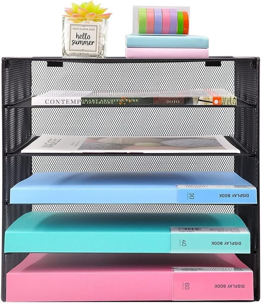 Durable 5-Tier Paper Tray for Office - Elegant Black Metal Storage Solution