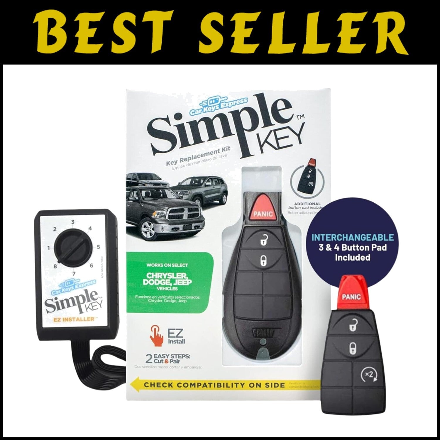Interchangeable Key Fob & Programmer Kit for Chrysler, Dodge, Jeep, Volkswagen