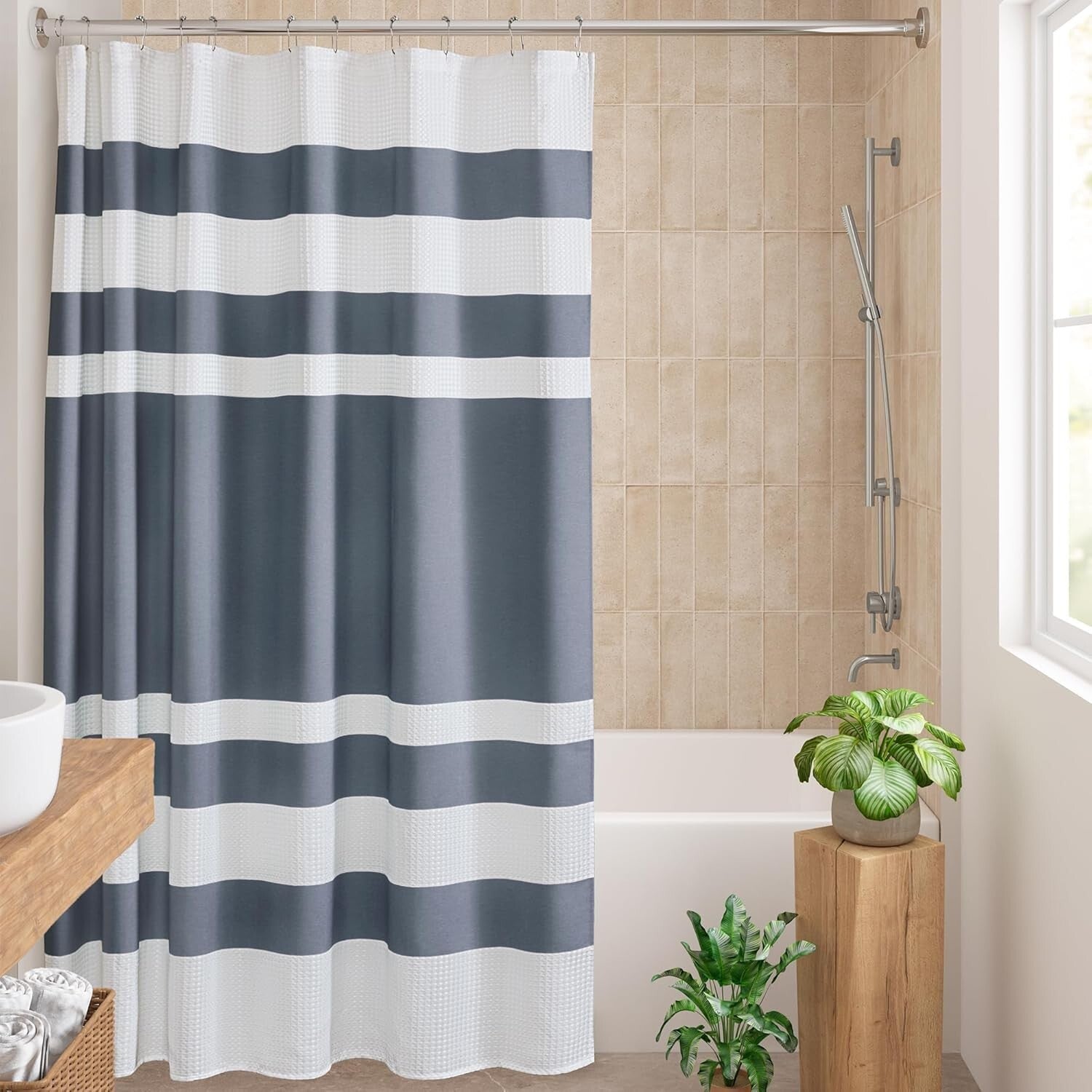 Spa-Quality Indigo Waffle Weave Shower Curtain - 72x84 Modern Bathroom Elegance