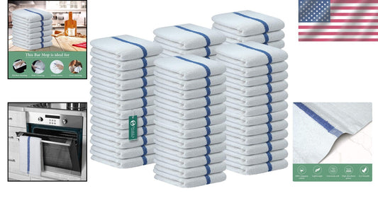 Easy Care Blue Stripe Bar Mop Towels - 60 Count, Machine Washable Cotton