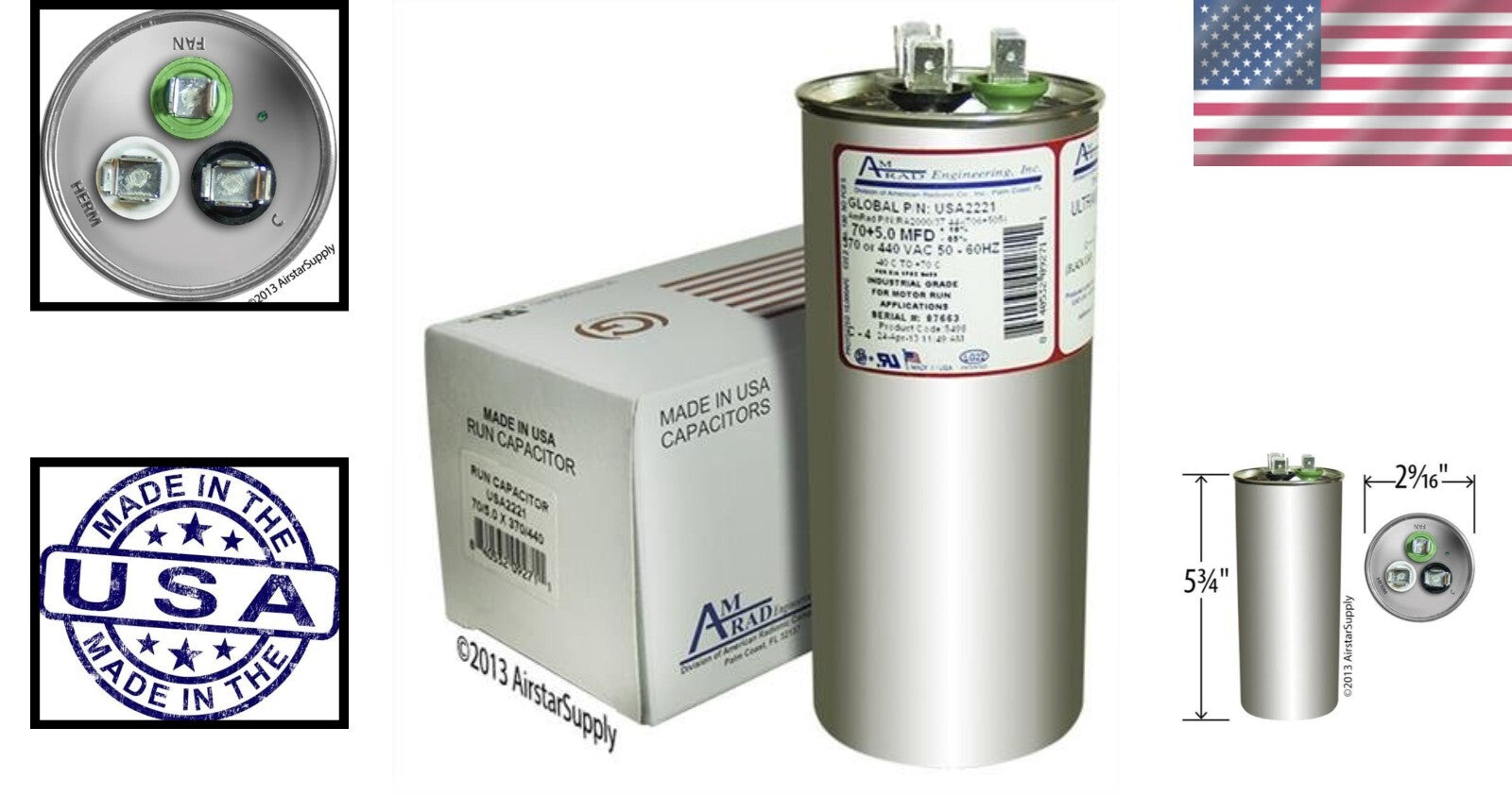 Goodman 70 + 5 uf Round Dual Universal Capacitor, 370/440 VAC - Made in U.S.A.