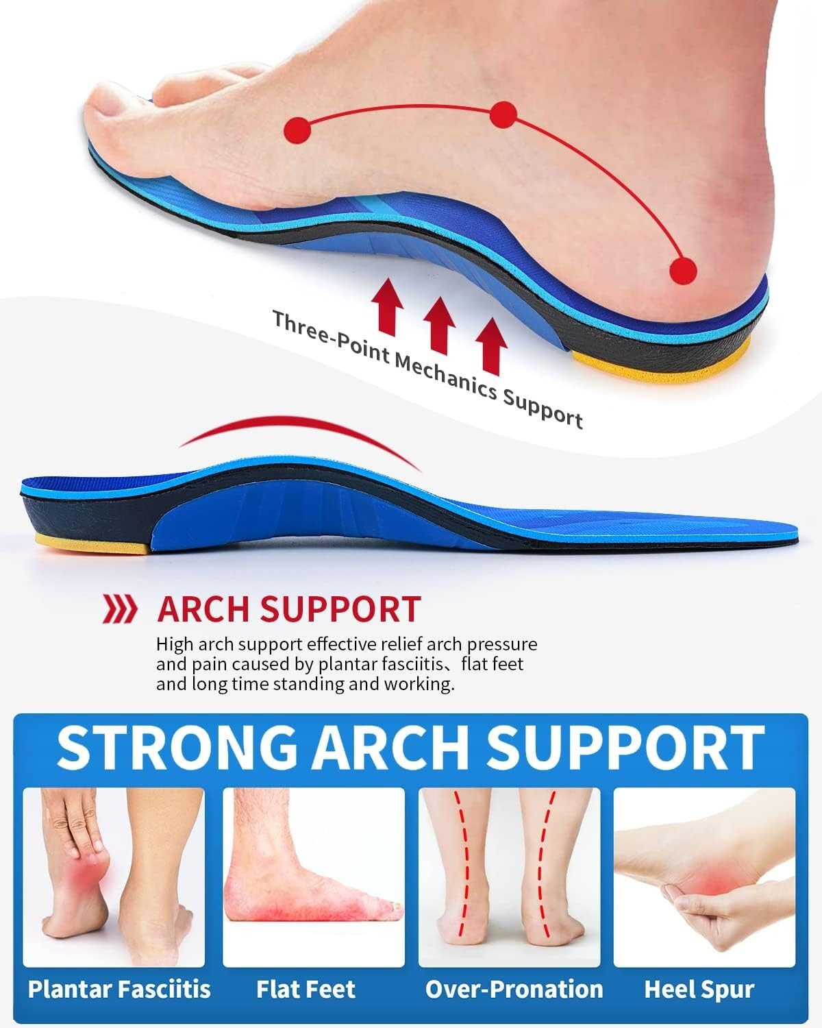 High Arch Support Orthotic Insoles for Men & Women - Plantar Fasciitis Relief