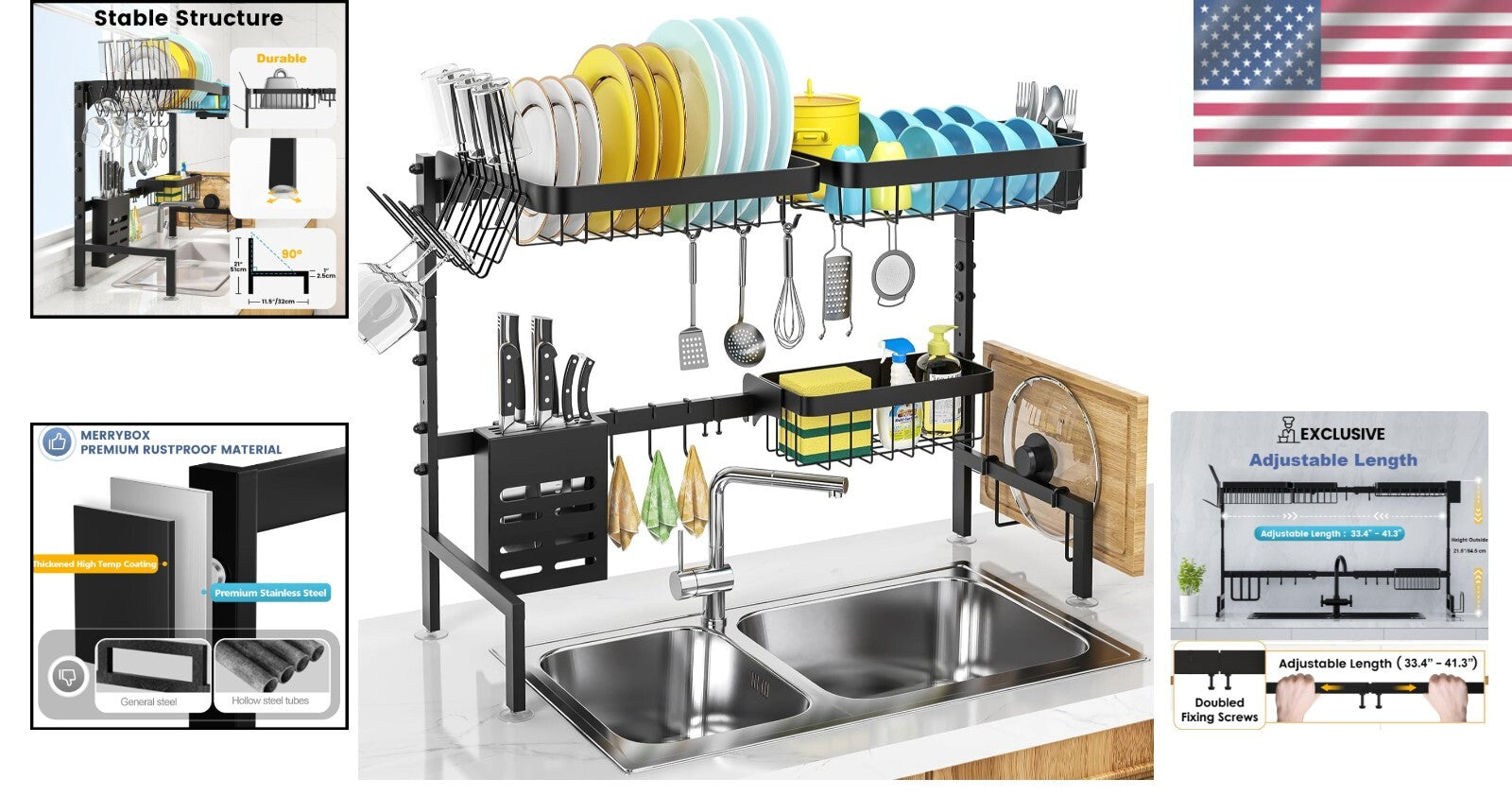 Adjustable 2-Tier Over The Sink Dish Drying Rack, Space-Saving Kitchen Organizer