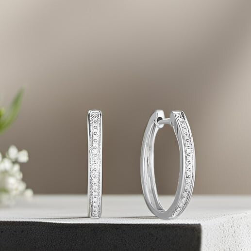 Small Diamond Hoop Earrings - 1/10 Cttw in Rhodium-Plated Silver Gift-Ready