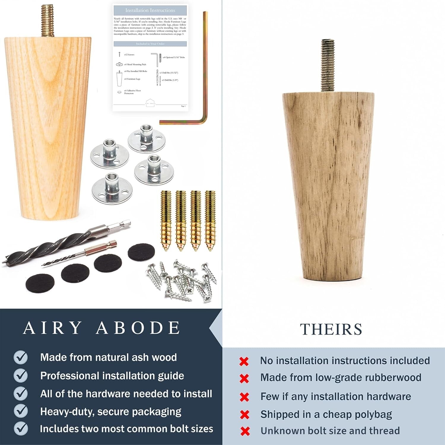 All-in-One Premium Ash Wood Legs Set - Effortless Installation & Versatile Style