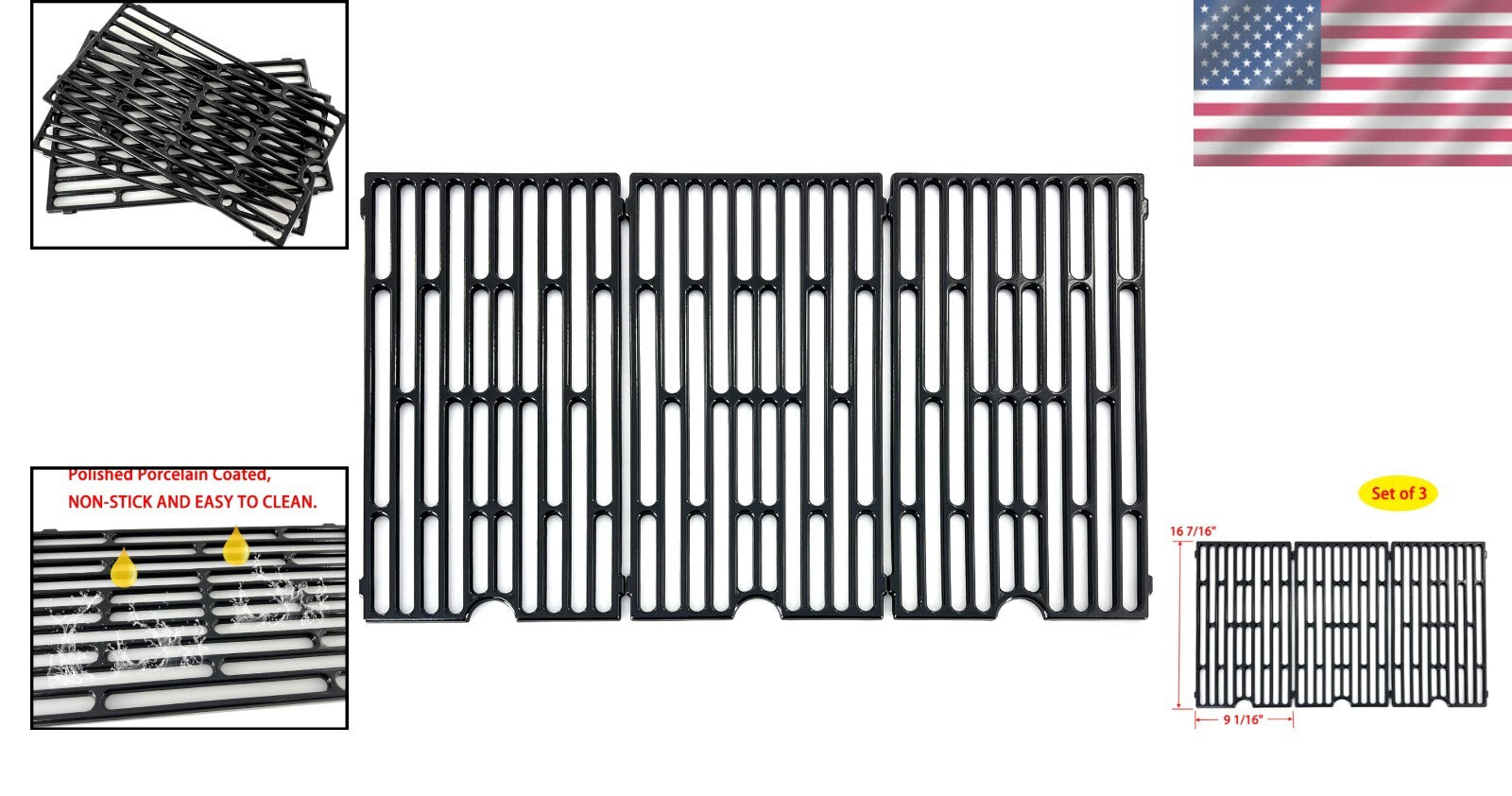 Heavy Duty 16 7/16" x 9 1/16" Grill Grates - Polished Porcelain Cast Iron Set