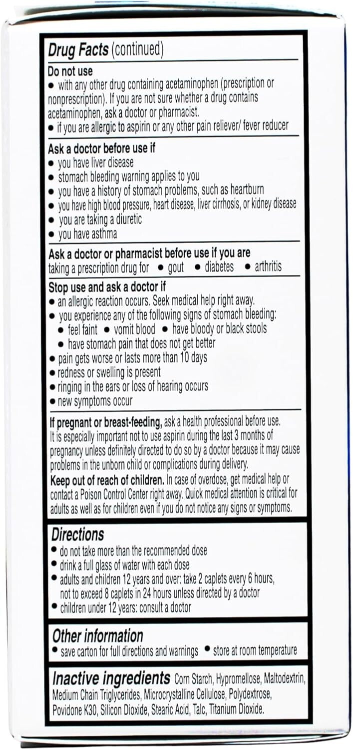 Aspirin & Acetaminophen Pain Reliever - 100 Coated Caplets for Easy Swallowing