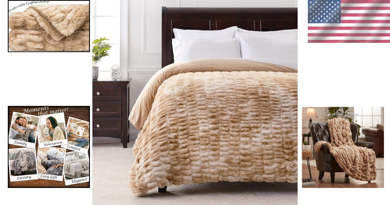 Soft Reversible Faux Fur Throw Blanket - 108" x 86" - Perfect for Home & Travel