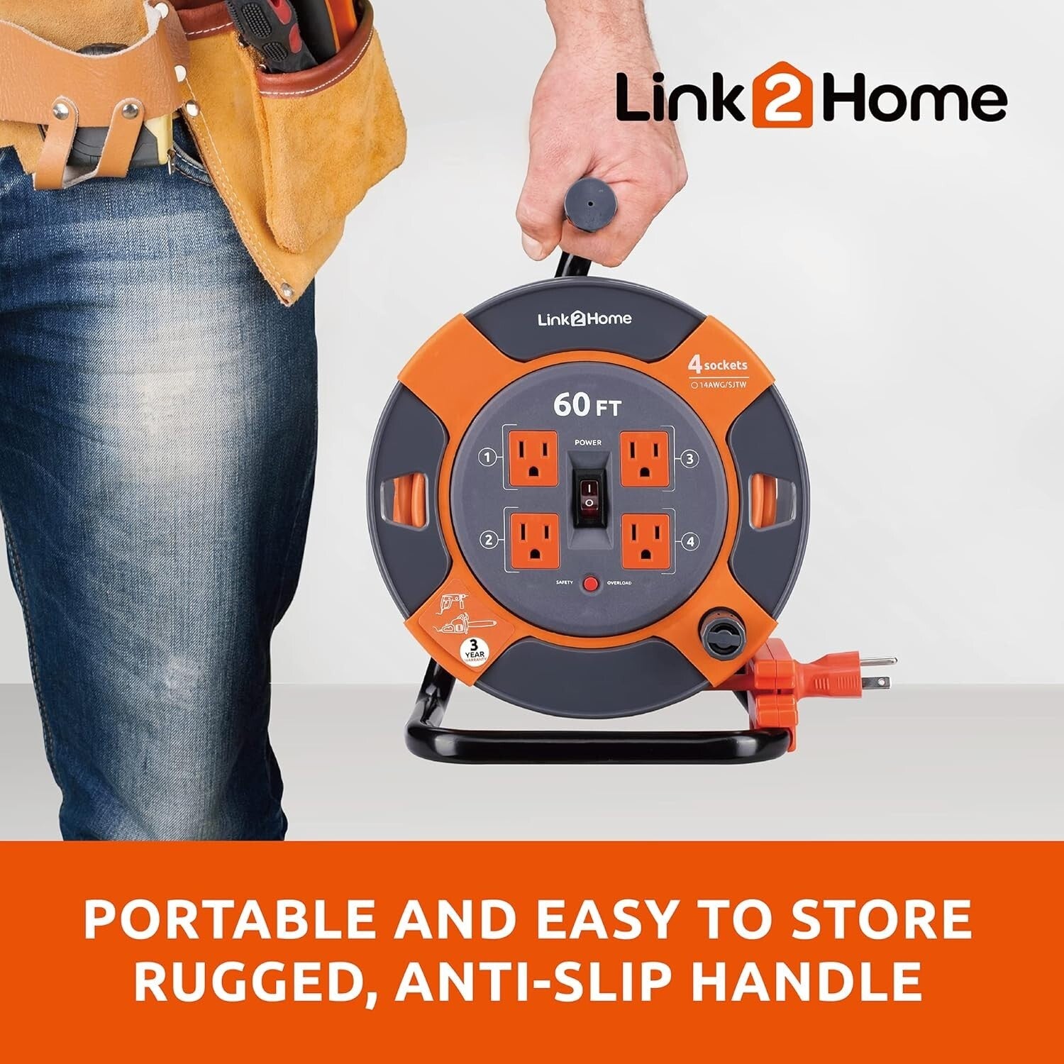 60 Ft High Visibility Extension Cord Reel - 4 Outlets & Tangle-Free Management