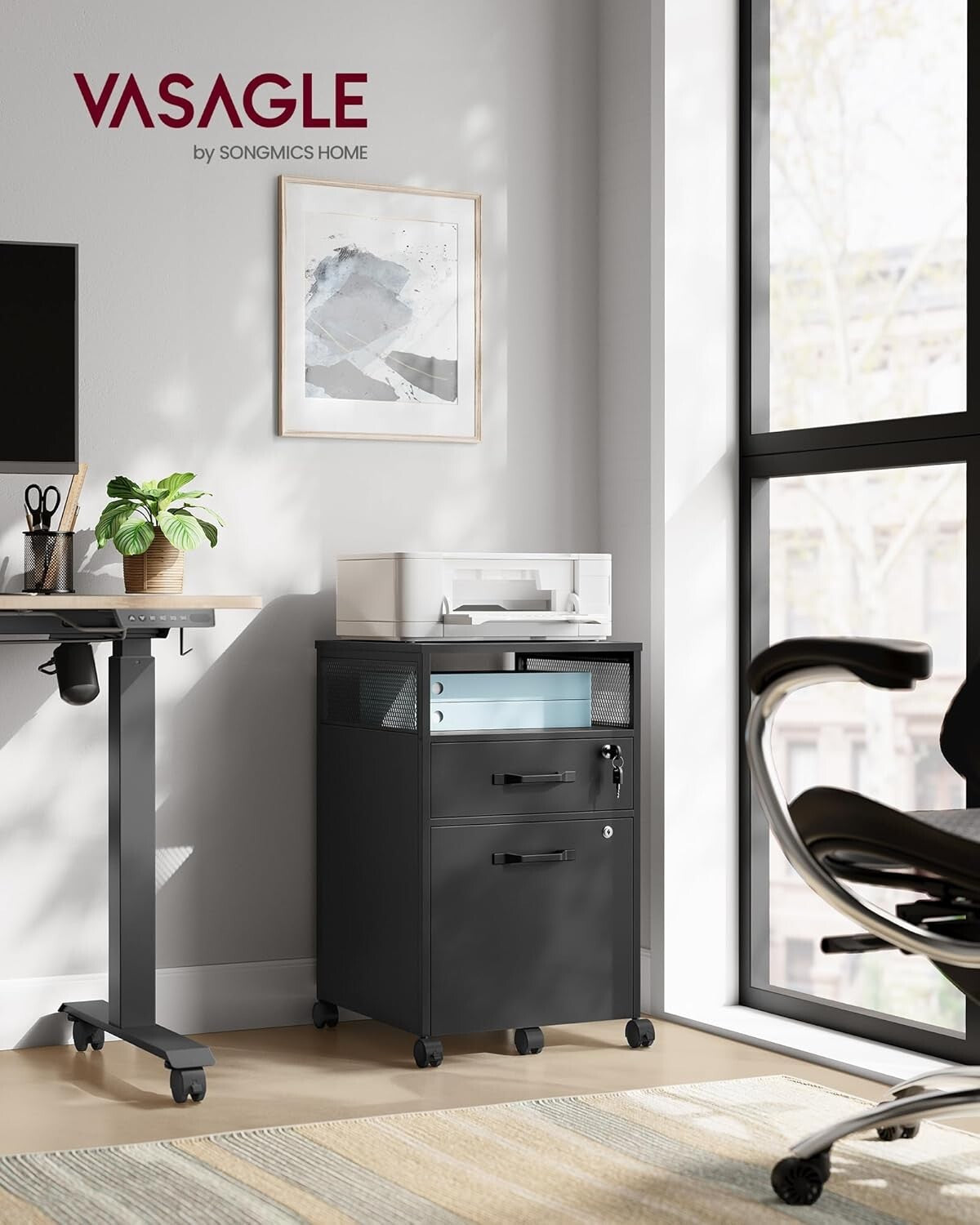 Sleek Mobile File Cabinet with Locking Drawers & Open Shelf - A4 & Letter Size