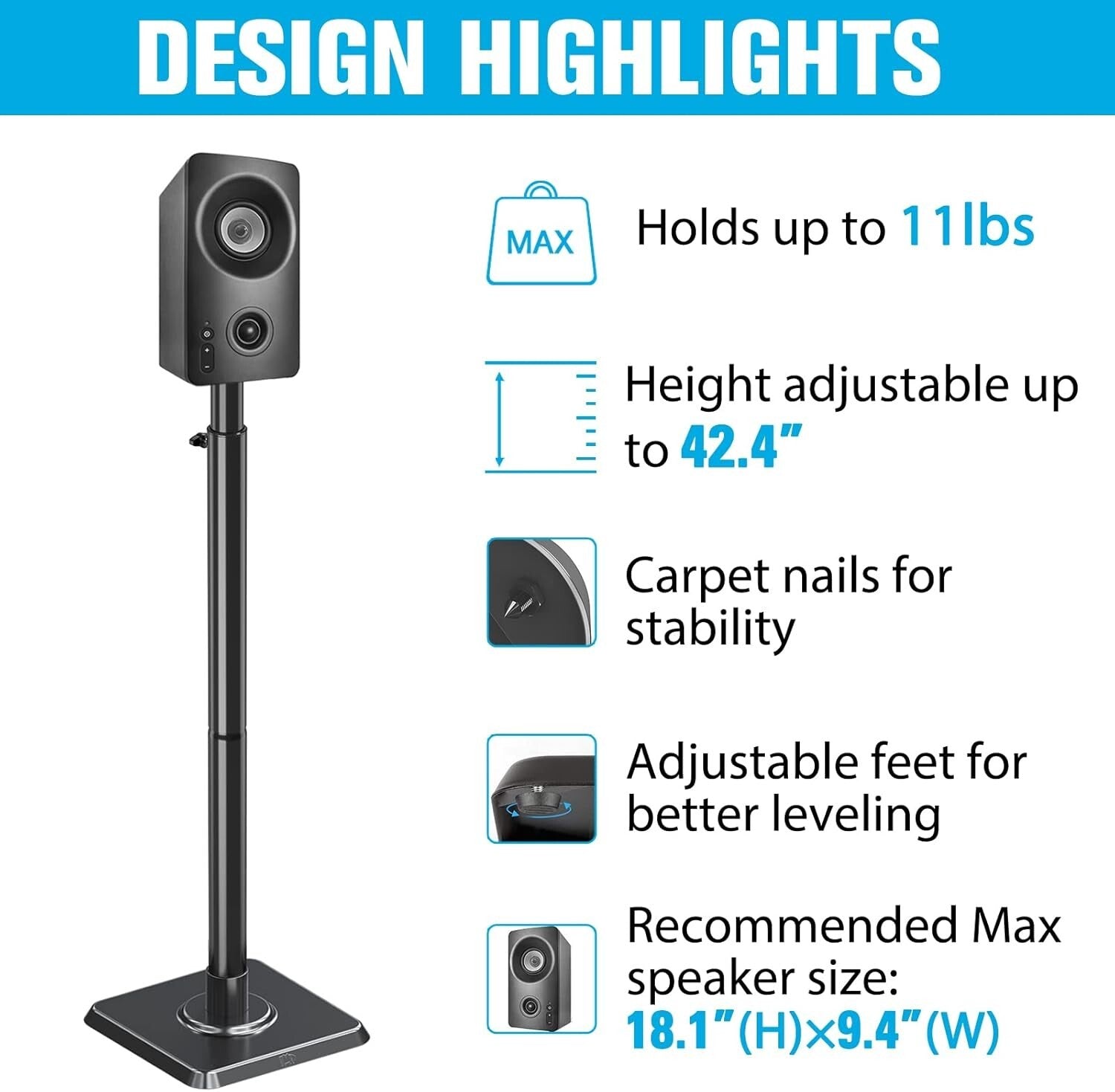 Durable Adjustable Speaker Stands Pair with Cable Management - Fits Most Brands