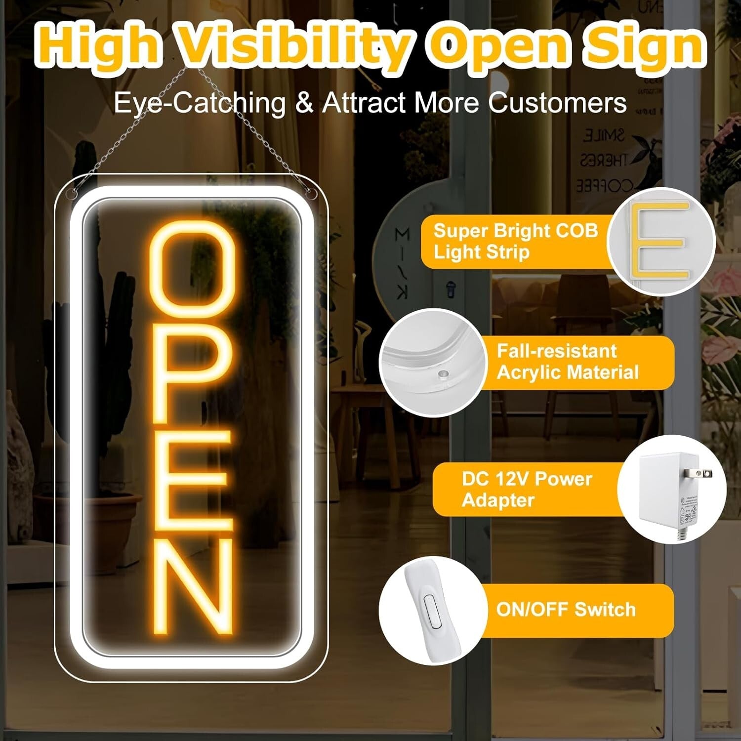 Attractive 16" x 9" LED Neon Open Sign with ON/OFF Switch for Stores