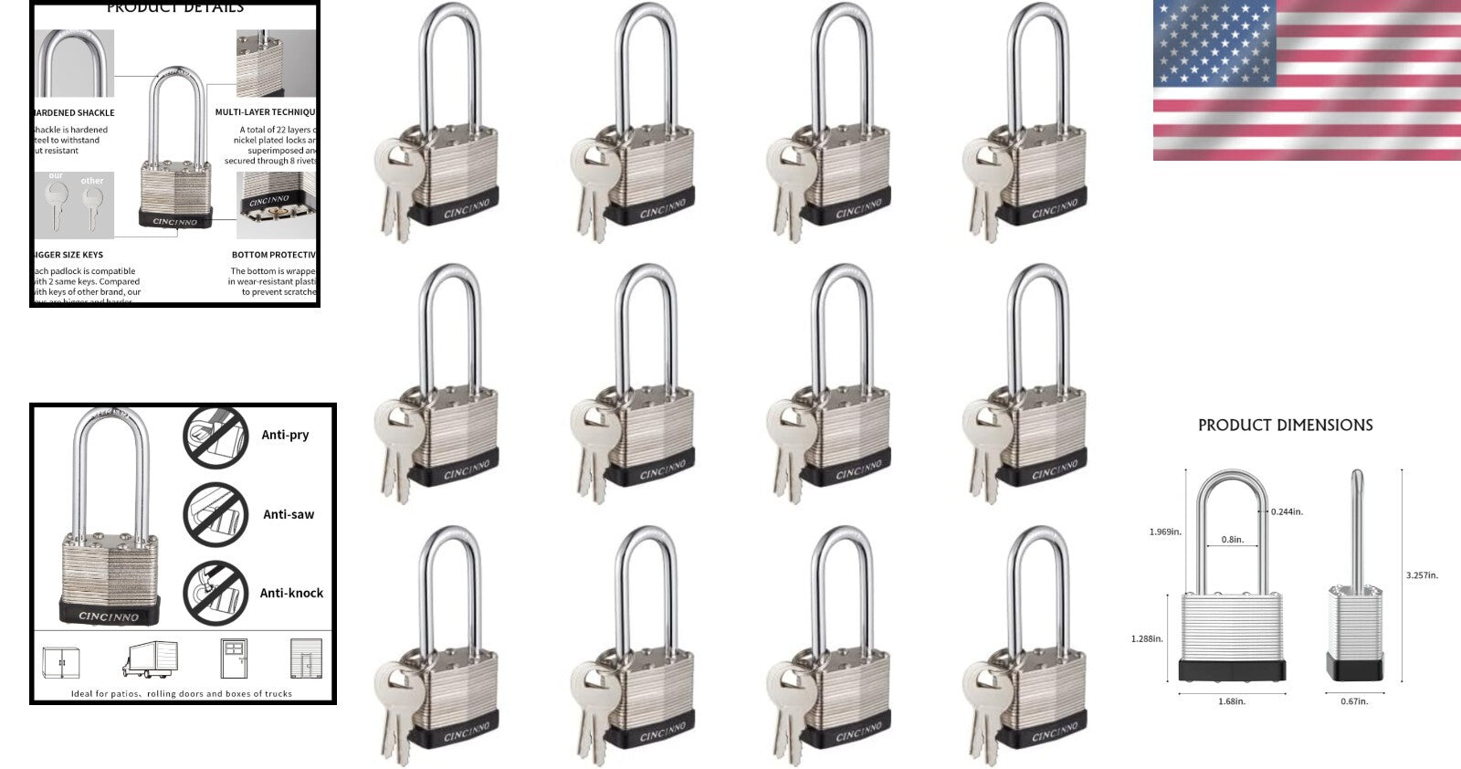 Comprehensive 12 Pack of Nickel Coated Keyed Alike Padlocks - Indoor/Outdoor Use