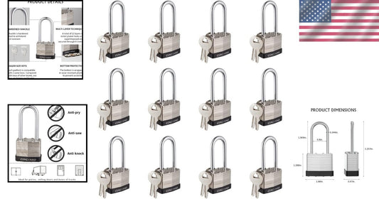 Comprehensive 12 Pack of Nickel Coated Keyed Alike Padlocks - Indoor/Outdoor Use